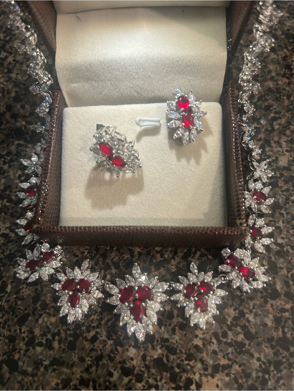 Elegant Red and Silver Floral Statement Necklace & Earrings Set